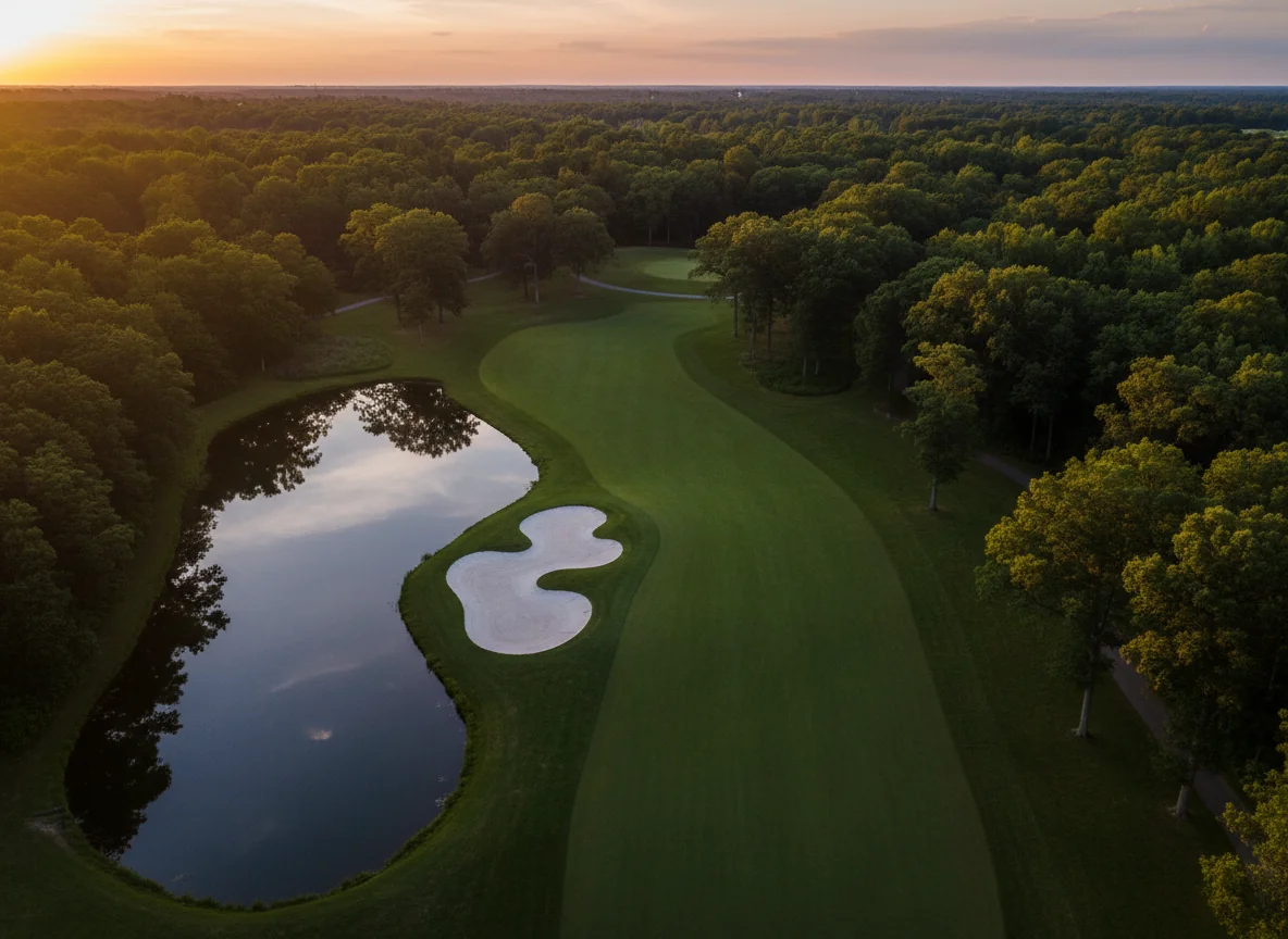 Aerial view of a championship golf hole at Lionhead
